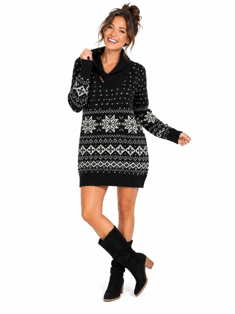 Roots Black White Snowflake Cowl Neck Sweater XS Wool Blend Toggle Cozycore
